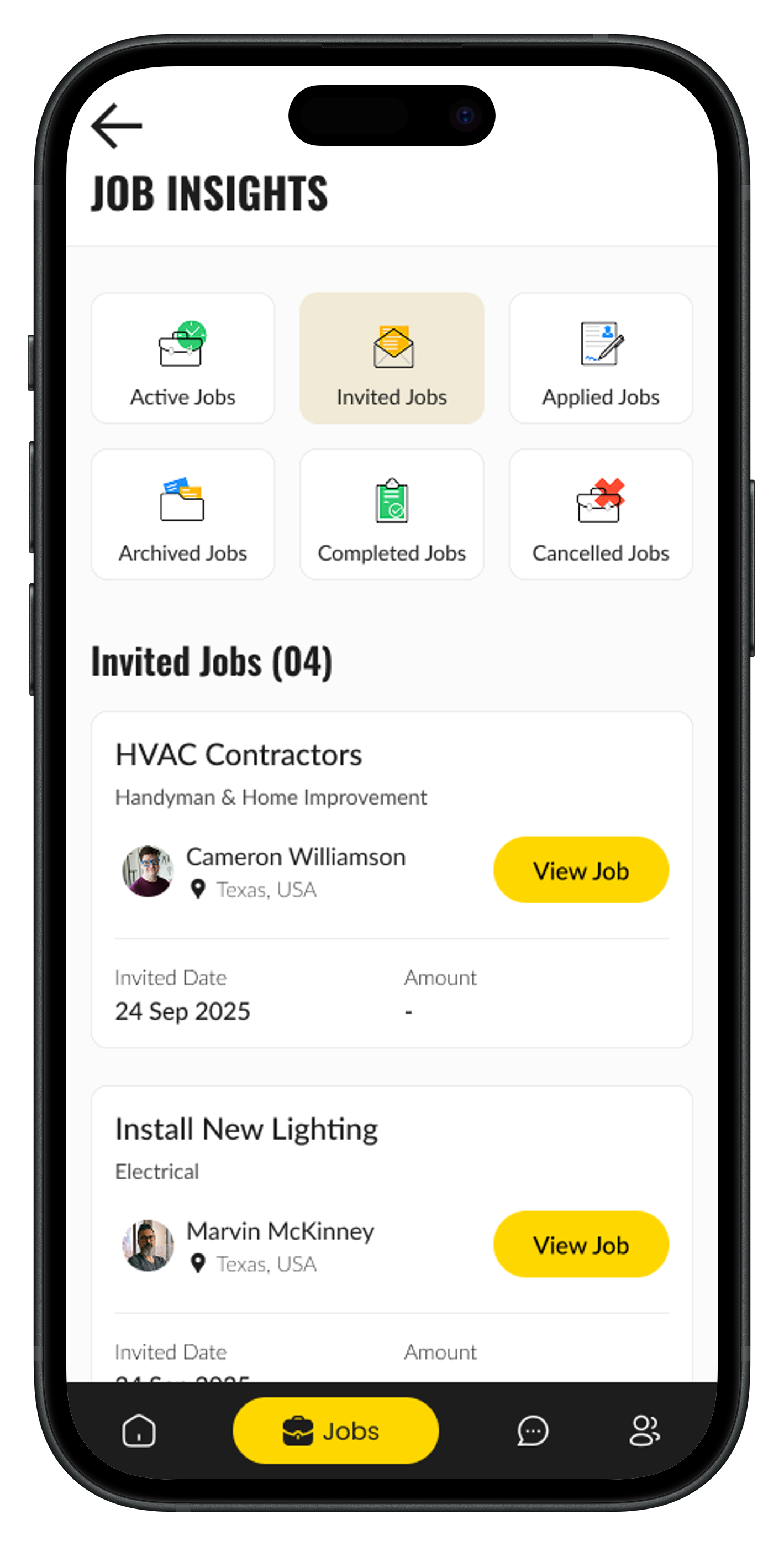 Job invitations and insights screen